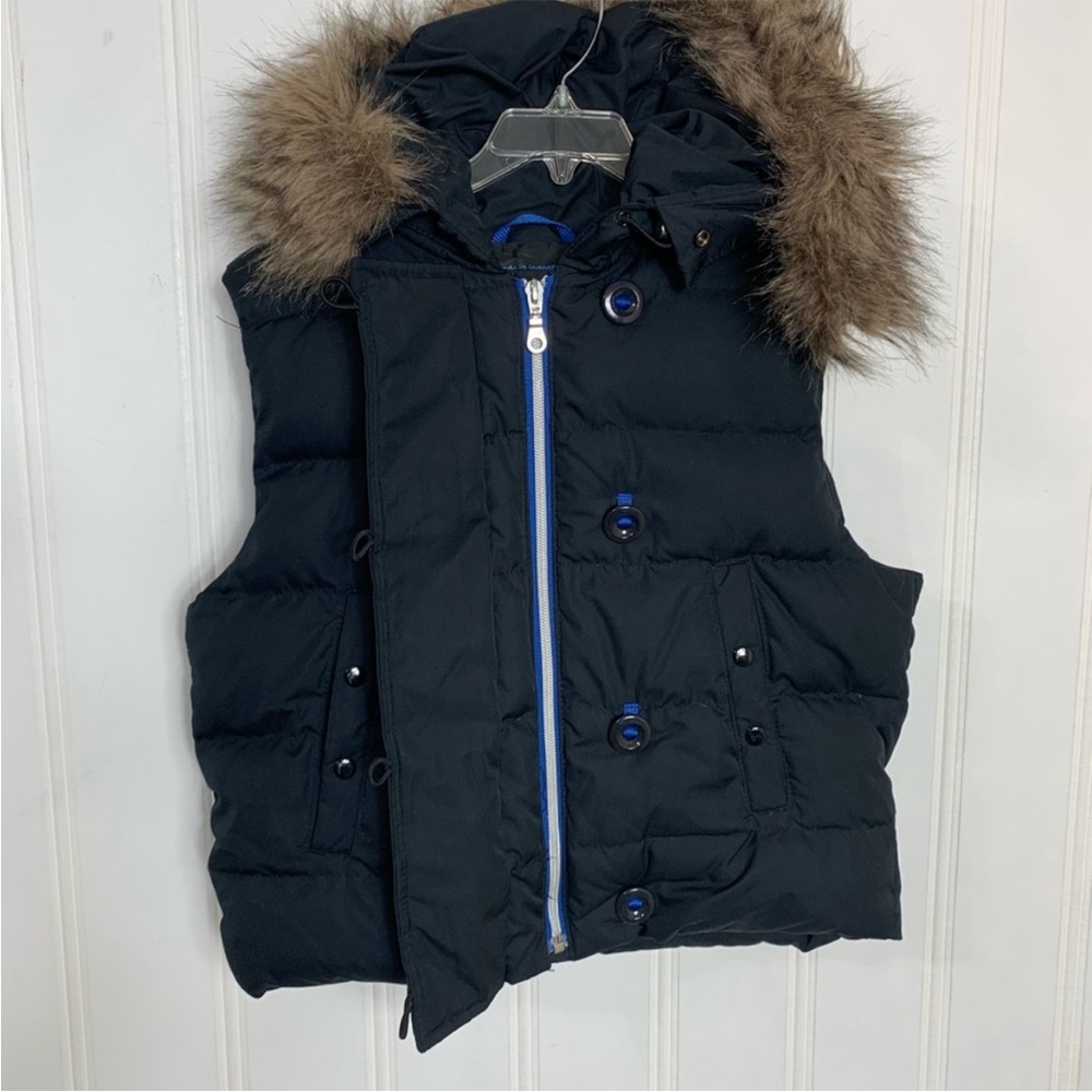 GAP Black Puffer Vest with Faux Fur Hood